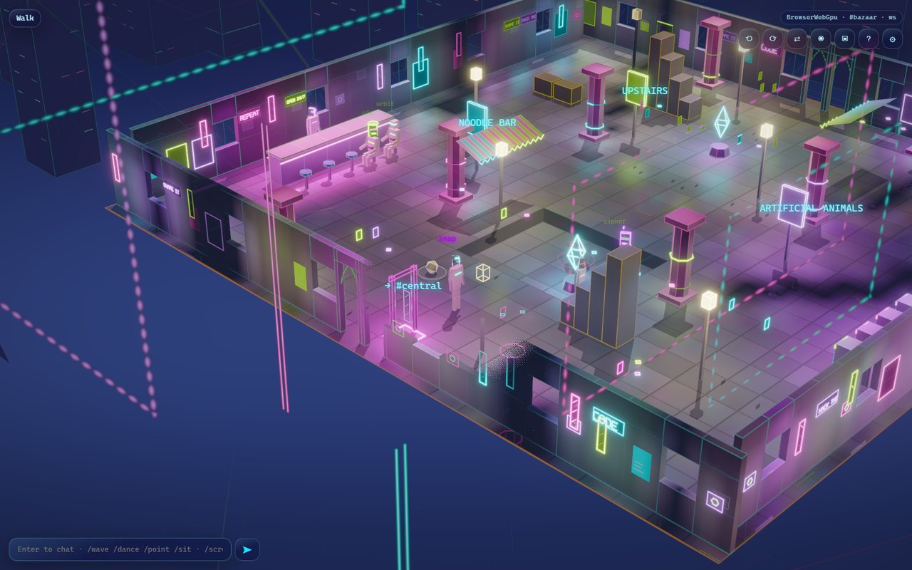 The bazaar's street: noodle bar, awnings, a sunken square around a hologram