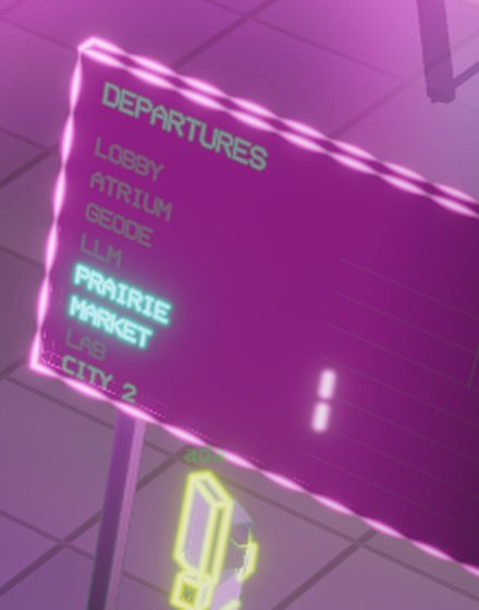 The departures board: room names, two of them lit, CITY 2