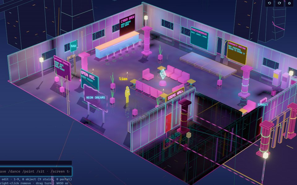 Lobby with Lighting on: bounced light and neon spill on the walls