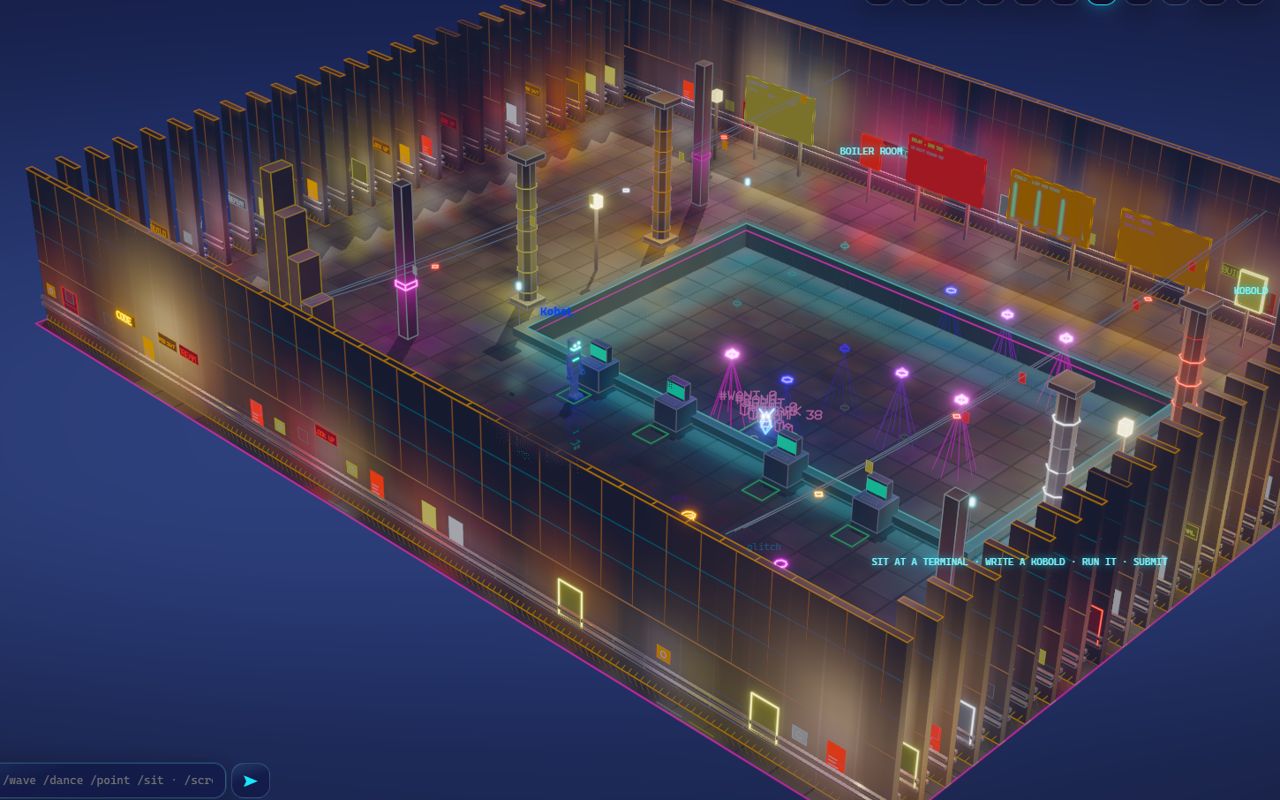 The boiler room with a rig of lamps over the pit, several lit in pink and violet, casting cones of light onto the floor