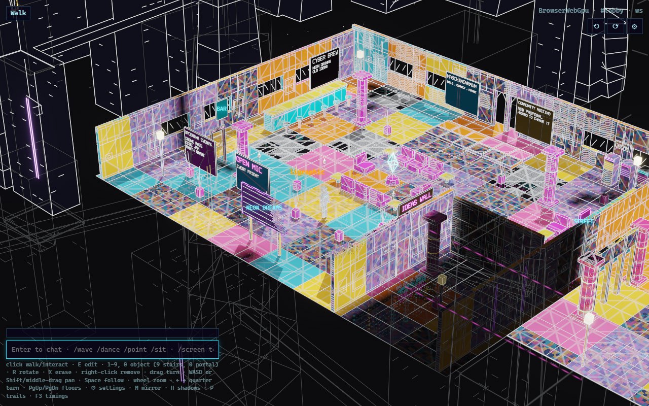 Lobby in the Graphic look: bold colour blocks, white triangulated wire, black void with a white wireframe city
