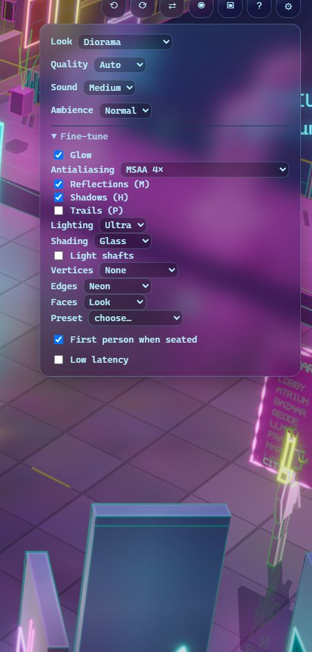The settings panel: Look, Quality, Sound, Ambience and the Fine-tune fold