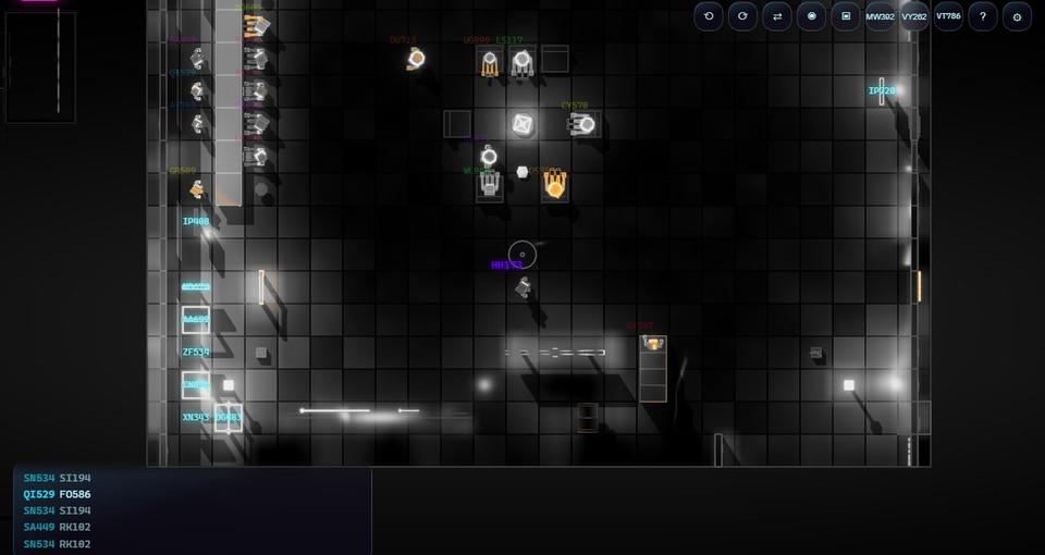 The same room in boss mode: a grey plan from straight above, every name turned into a code.