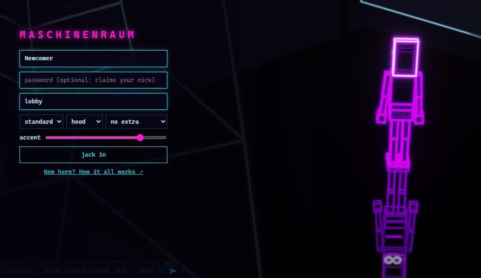 The first screen: nickname, password, place, three outfit menus, an accent slider and the jack in button, with your robot beside them.