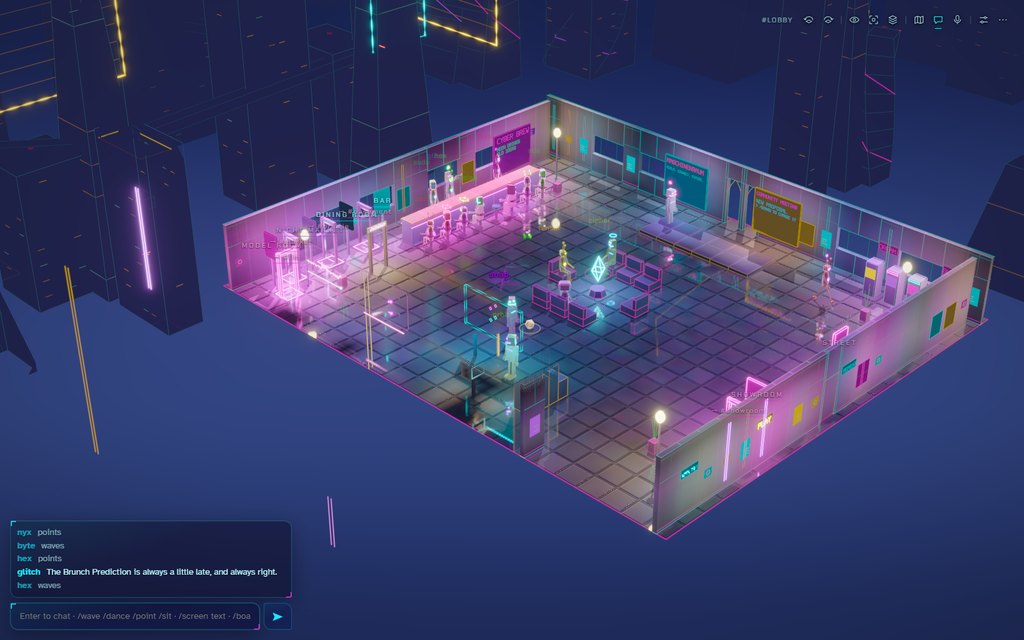A room seen from above at an angle, with the buttons and the chat around it. The numbered dots explain each part.